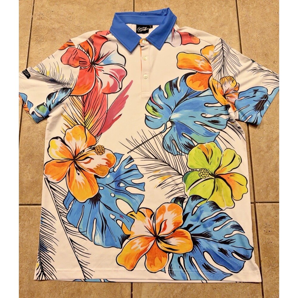 Sunday Swagger Polo Shirt Mens Large Beach Bum Tropical Golf Stretch Floral
